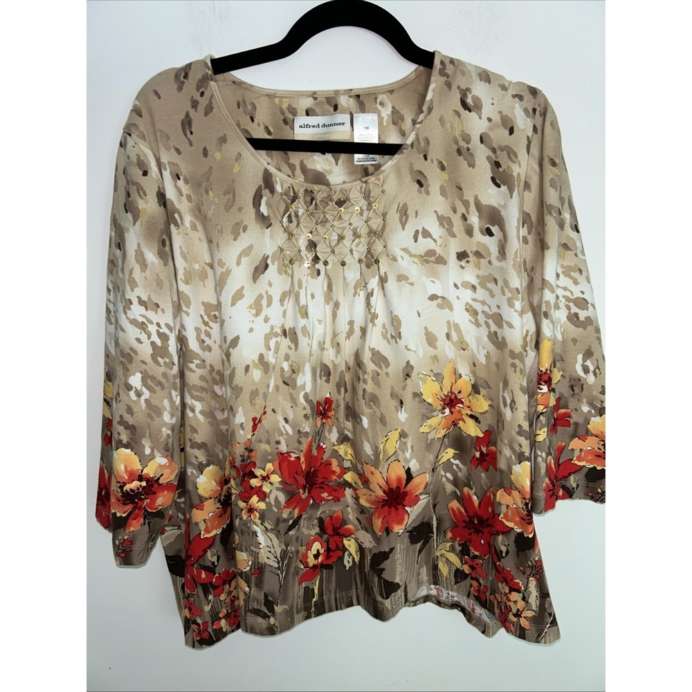 Alfred Dunner Women's 1X 3/4 Sleeve Floral Red Brown Yellow Casual Top
